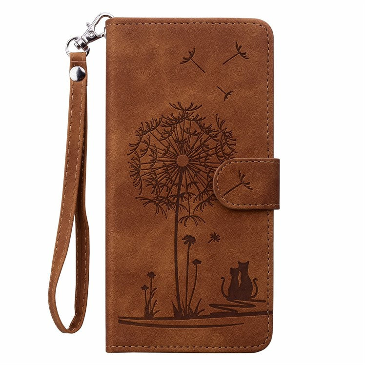 For Xiaomi Poco C75 4G / Redmi 14R 5G / 14C 4G Case Cat Dandelion Imprint PU Leather Wallet Phone Cover with Strap - Brown