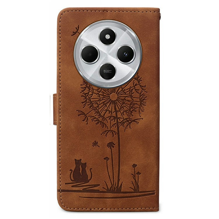 For Xiaomi Poco C75 4G / Redmi 14R 5G / 14C 4G Case Cat Dandelion Imprint PU Leather Wallet Phone Cover with Strap - Brown