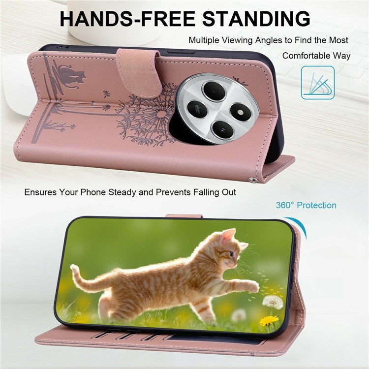 For Xiaomi Poco C75 4G / Redmi 14R 5G / 14C 4G Case Cat Dandelion Imprint PU Leather Wallet Phone Cover with Strap - Pink