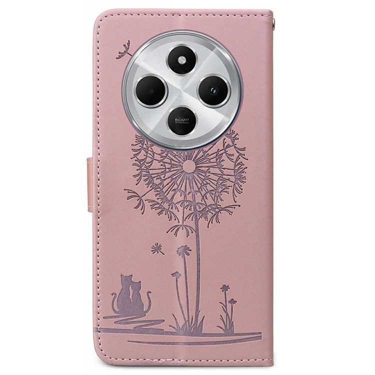 For Xiaomi Poco C75 4G / Redmi 14R 5G / 14C 4G Case Cat Dandelion Imprint PU Leather Wallet Phone Cover with Strap - Pink