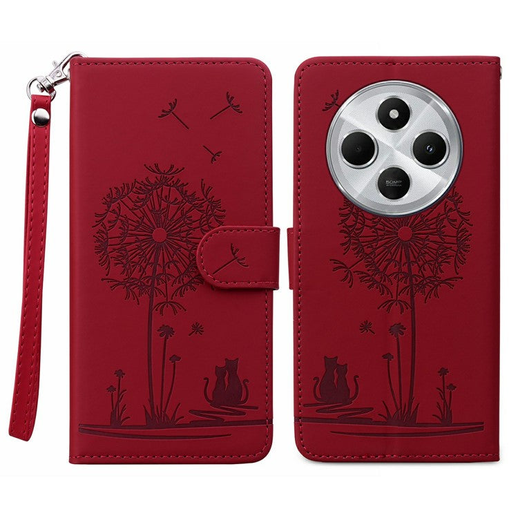 For Xiaomi Poco C75 4G / Redmi 14R 5G / 14C 4G Case Cat Dandelion Imprint PU Leather Wallet Phone Cover with Strap - Red
