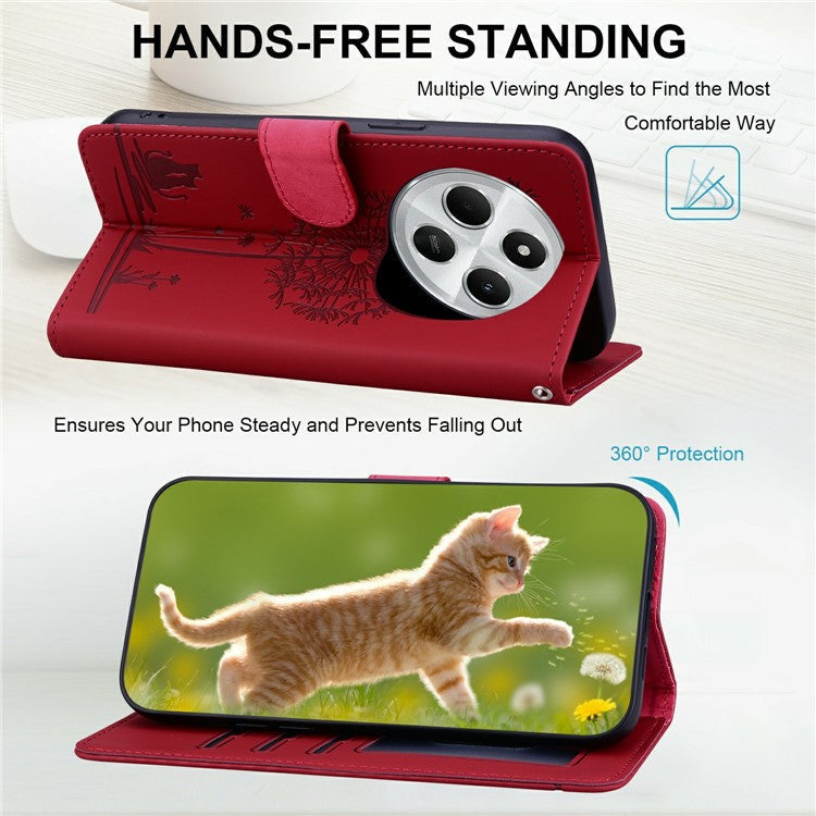 For Xiaomi Poco C75 4G / Redmi 14R 5G / 14C 4G Case Cat Dandelion Imprint PU Leather Wallet Phone Cover with Strap - Red