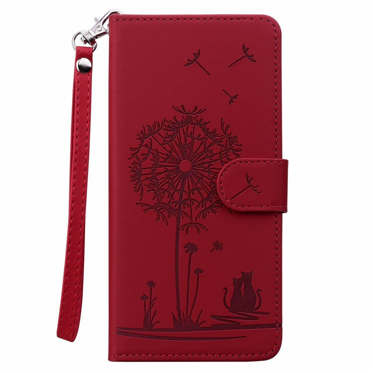 For Xiaomi Poco C75 4G / Redmi 14R 5G / 14C 4G Case Cat Dandelion Imprint PU Leather Wallet Phone Cover with Strap - Red