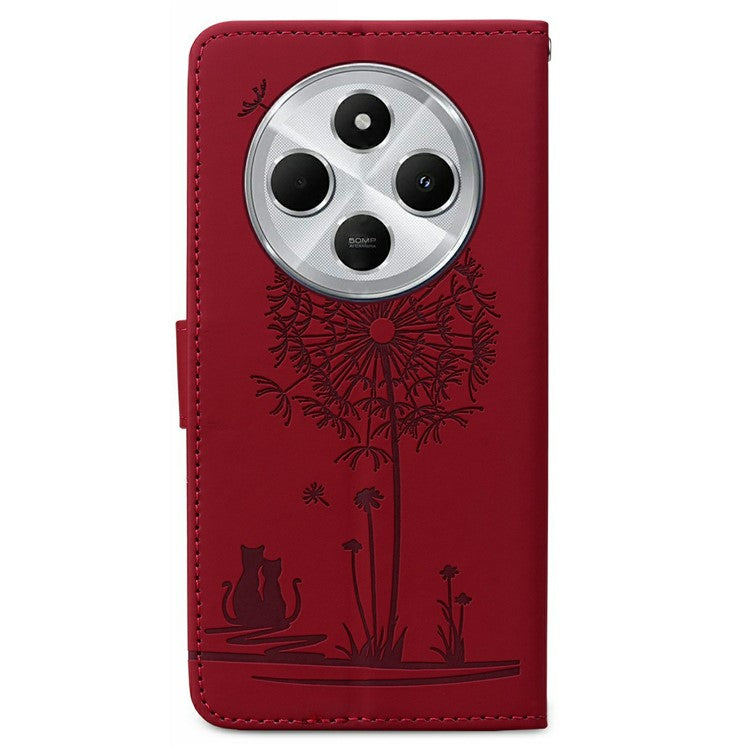 For Xiaomi Poco C75 4G / Redmi 14R 5G / 14C 4G Case Cat Dandelion Imprint PU Leather Wallet Phone Cover with Strap - Red