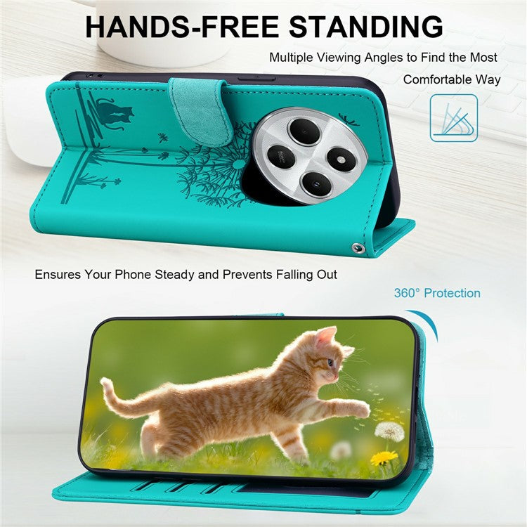 For Xiaomi Poco C75 4G / Redmi 14R 5G / 14C 4G Case Cat Dandelion Imprint PU Leather Wallet Phone Cover with Strap - Blue