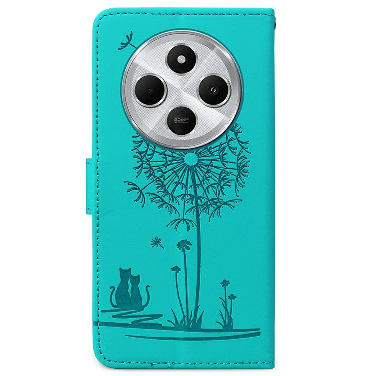 For Xiaomi Poco C75 4G / Redmi 14R 5G / 14C 4G Case Cat Dandelion Imprint PU Leather Wallet Phone Cover with Strap - Blue