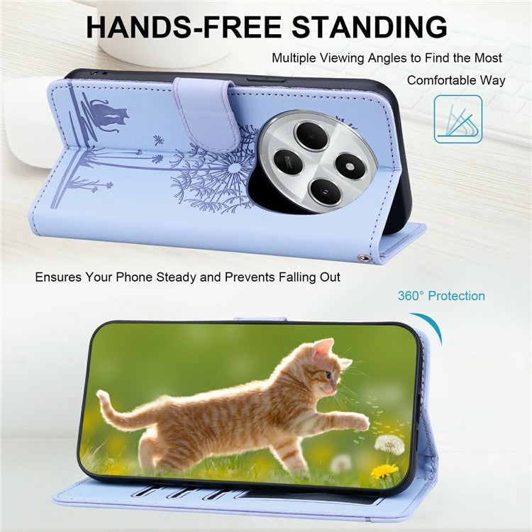 For Xiaomi Poco C75 4G / Redmi 14R 5G / 14C 4G Case Cat Dandelion Imprint PU Leather Wallet Phone Cover with Strap - Purple