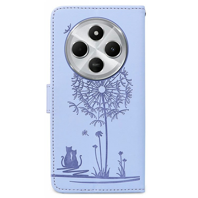 For Xiaomi Poco C75 4G / Redmi 14R 5G / 14C 4G Case Cat Dandelion Imprint PU Leather Wallet Phone Cover with Strap - Purple