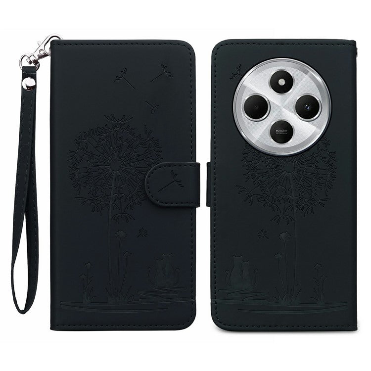 For Xiaomi Poco C75 4G / Redmi 14R 5G / 14C 4G Case Cat Dandelion Imprint PU Leather Wallet Phone Cover with Strap - Black