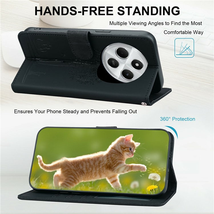 For Xiaomi Poco C75 4G / Redmi 14R 5G / 14C 4G Case Cat Dandelion Imprint PU Leather Wallet Phone Cover with Strap - Black