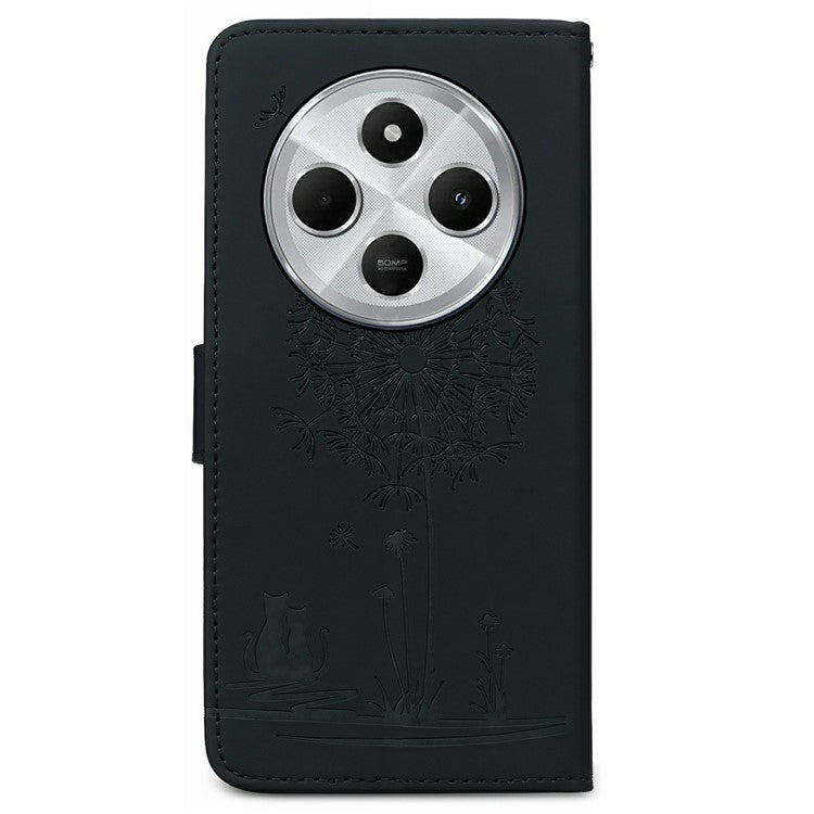 For Xiaomi Poco C75 4G / Redmi 14R 5G / 14C 4G Case Cat Dandelion Imprint PU Leather Wallet Phone Cover with Strap - Black