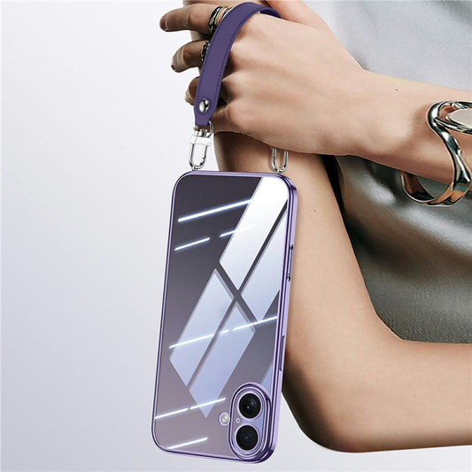SULADA For iPhone 16 Case Electroplating Ultra Clear Soft TPU Phone Cover with PU Wrist Strap - Purple