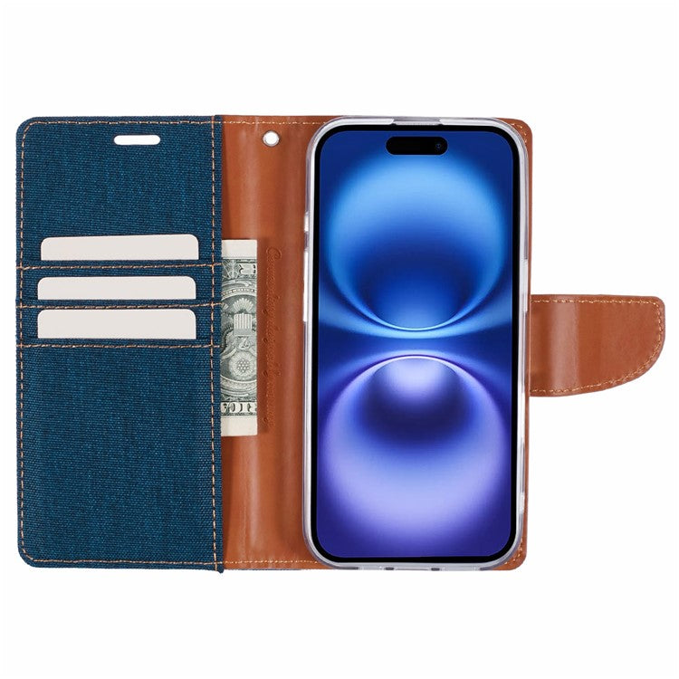 MERCURY GOOSPERY For iPhone 16 Plus Case Canvas Texture Leather Wallet Phone Cover - Dark Blue