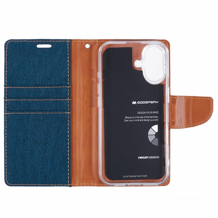 MERCURY GOOSPERY For iPhone 16 Plus Case Canvas Texture Leather Wallet Phone Cover - Dark Blue