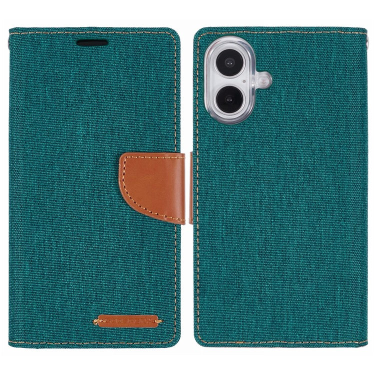 MERCURY GOOSPERY For iPhone 16 Plus Case Canvas Texture Leather Wallet Phone Cover - Green