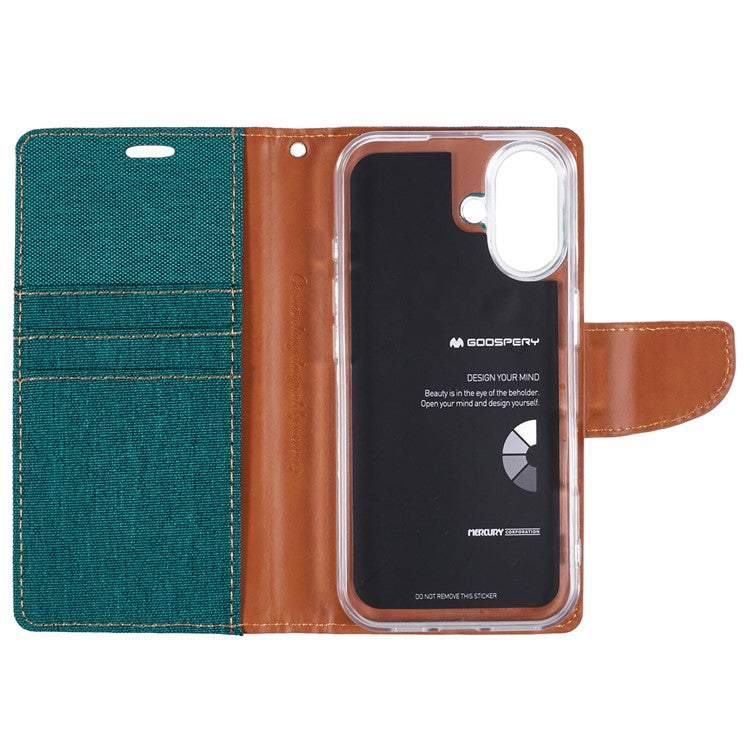 MERCURY GOOSPERY For iPhone 16 Plus Case Canvas Texture Leather Wallet Phone Cover - Green