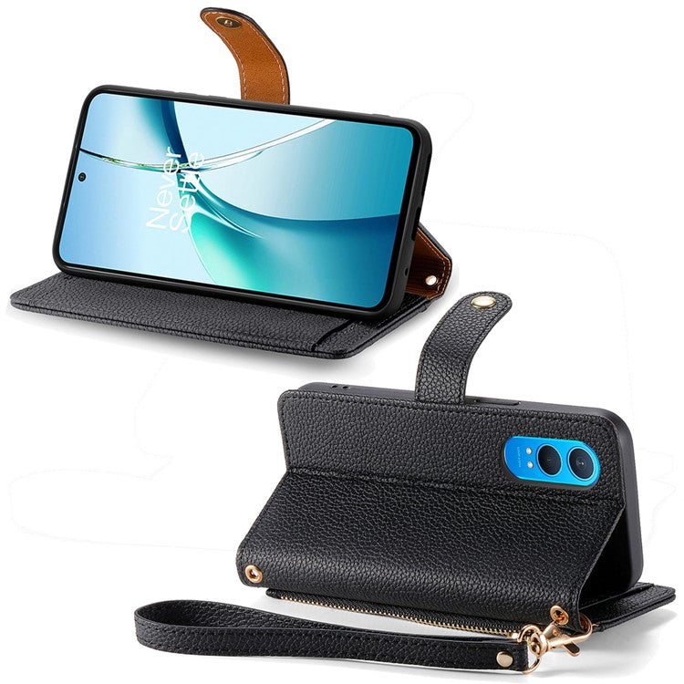 For OnePlus Nord CE4 Lite 5G / Oppo K12x 5G (China) Case RFID Blocking Zipper Pocket Leather Wallet Phone Cover - Black