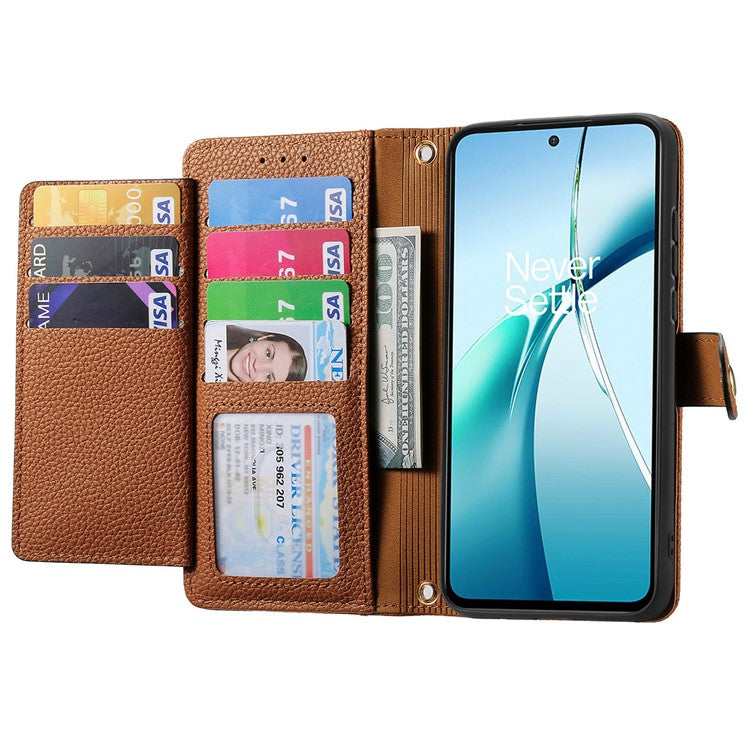 For OnePlus Nord CE4 Lite 5G / Oppo K12x 5G (China) Case RFID Blocking Zipper Pocket Leather Wallet Phone Cover - Brown