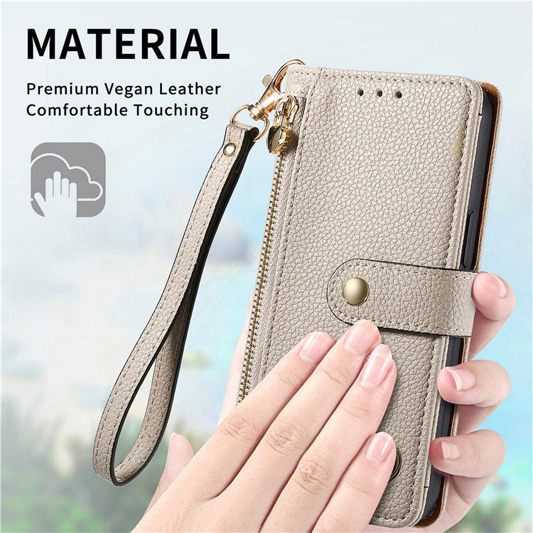 For OnePlus Nord CE4 Lite 5G / Oppo K12x 5G (China) Case RFID Blocking Zipper Pocket Leather Wallet Phone Cover - Grey