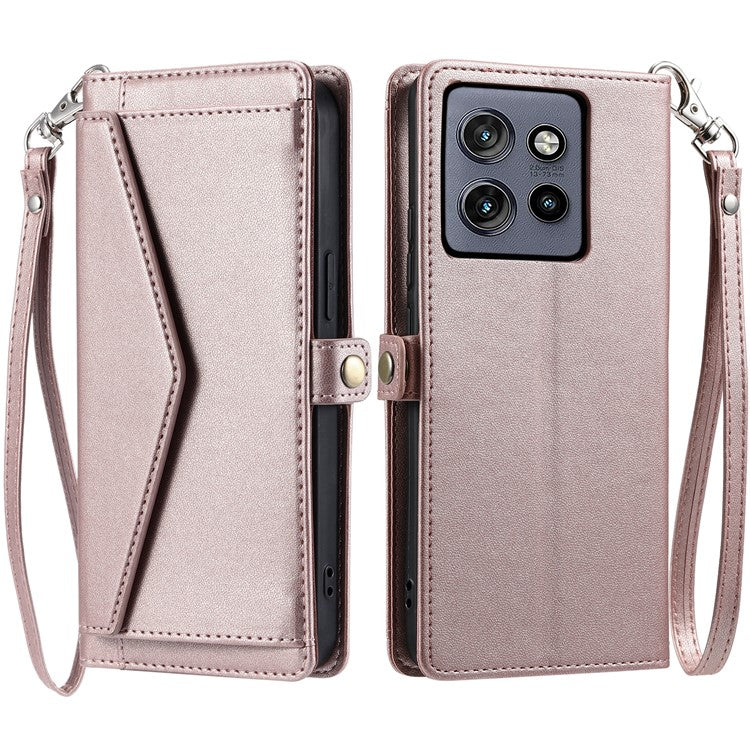For Motorola Edge 50 Neo 5G / Moto S50 5G / Thinkphone 25 5G Leather Case with Wrist Strap Wallet Stand Phone Cover - Rose Gold