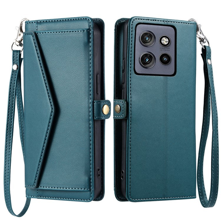 For Motorola Edge 50 Neo 5G / Moto S50 5G / Thinkphone 25 5G Leather Case with Wrist Strap Wallet Stand Phone Cover - Blackish Green