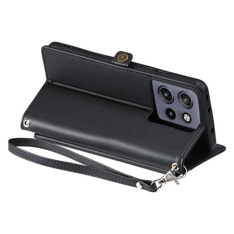 For Motorola Edge 50 Neo 5G / Moto S50 5G / Thinkphone 25 5G Leather Case with Wrist Strap Wallet Stand Phone Cover - Black