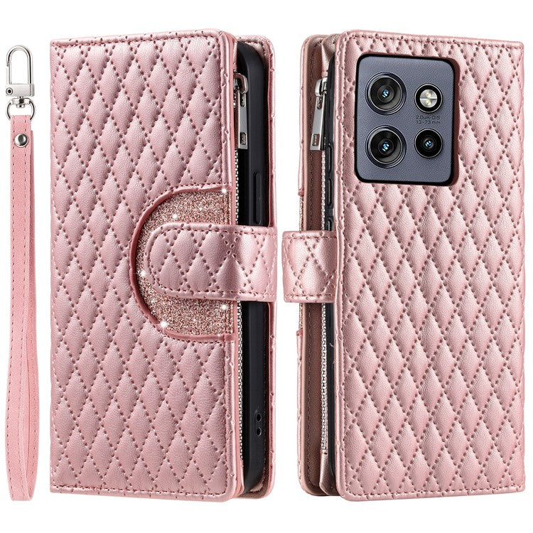 Style 012 for Motorola Edge 50 Neo 5G / Moto S50 5G / Thinkphone 25 5G Case Zipper Pocket Glitter Leather Phone Cover - Rose Gold