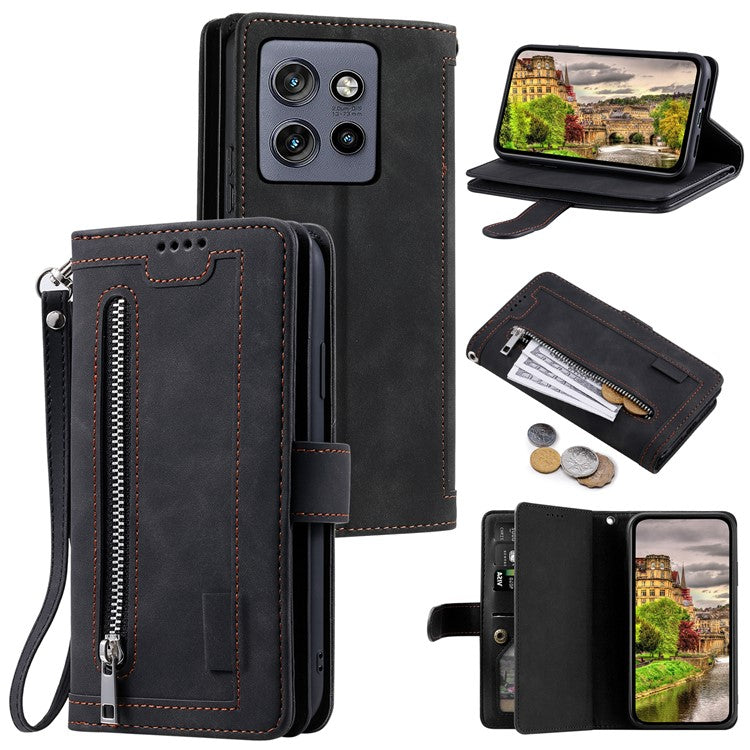 For Motorola Edge 50 Neo 5G / Moto S50 5G / Thinkphone 25 5G Case PU Leather Phone Cover with Zipper Wallet 9 Card Slots - Black