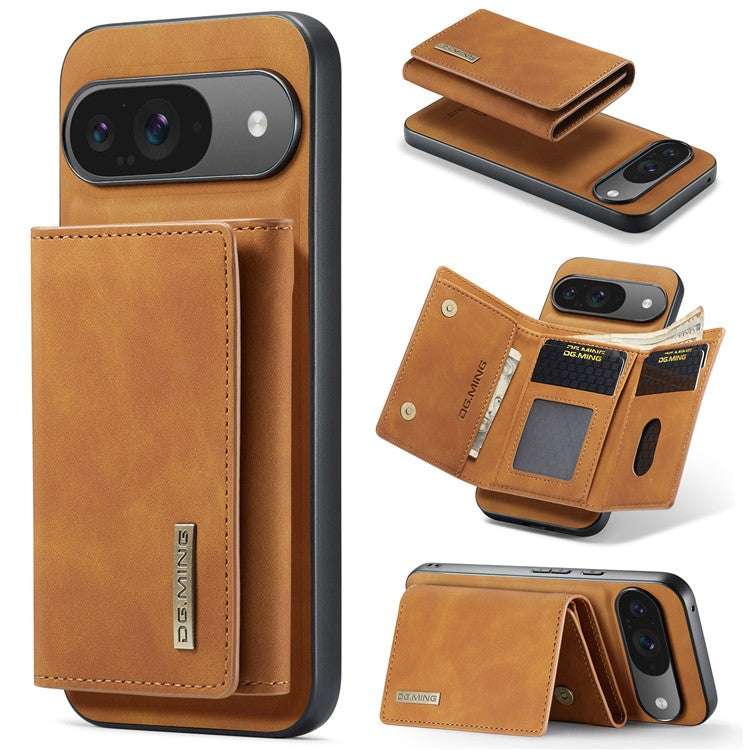 DG.MING M1 Series for Google Pixel 9 Pro / Pixel 9 Case Kickstand PU Phone Cover with Detachable Wallet - Brown