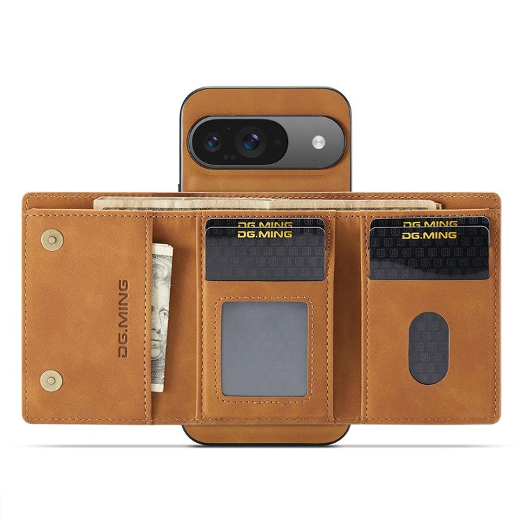 DG.MING M1 Series for Google Pixel 9 Pro / Pixel 9 Case Kickstand PU Phone Cover with Detachable Wallet - Brown