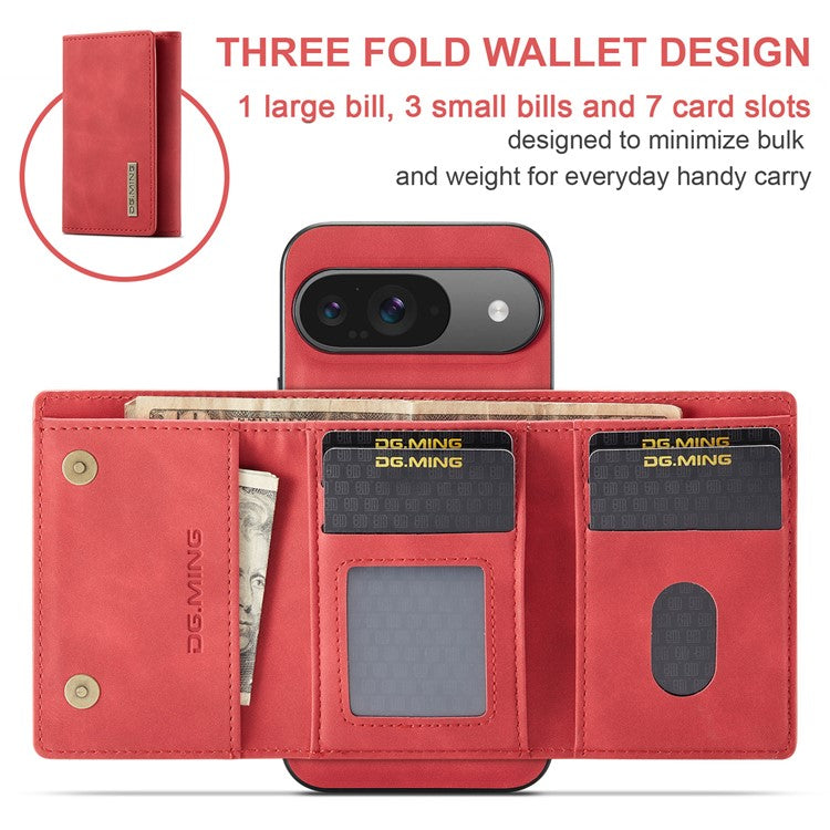 DG.MING M1 Series for Google Pixel 9 Pro / Pixel 9 Case Kickstand PU Phone Cover with Detachable Wallet - Red