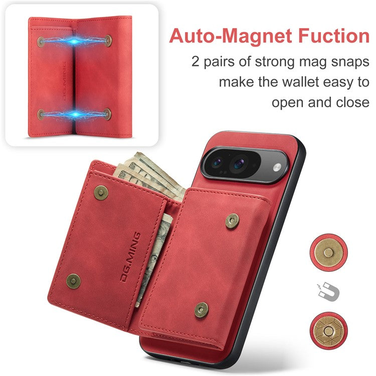 DG.MING M1 Series for Google Pixel 9 Pro / Pixel 9 Case Kickstand PU Phone Cover with Detachable Wallet - Red