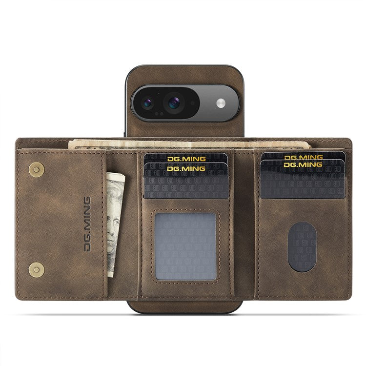 DG.MING M1 Series for Google Pixel 9 Pro / Pixel 9 Case Kickstand PU Phone Cover with Detachable Wallet - Coffee