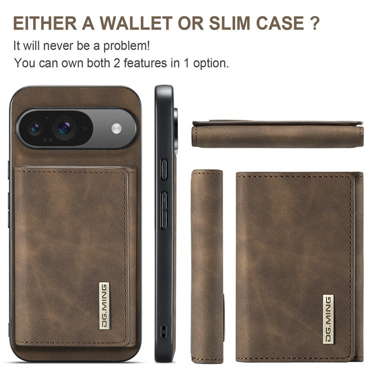 DG.MING M1 Series for Google Pixel 9 Pro / Pixel 9 Case Kickstand PU Phone Cover with Detachable Wallet - Coffee