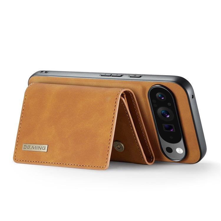 DG.MING M1 Series for Google Pixel 9 Pro XL Case Kickstand PU Phone Cover with Detachable Wallet - Brown