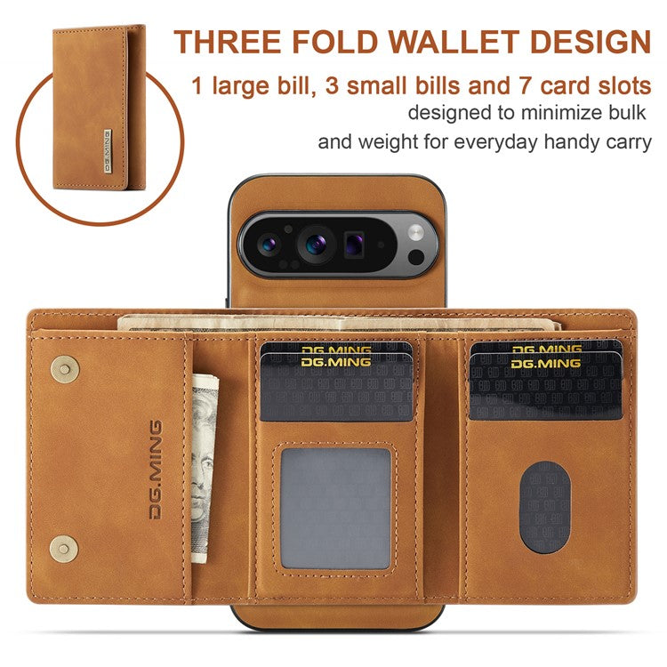 DG.MING M1 Series for Google Pixel 9 Pro XL Case Kickstand PU Phone Cover with Detachable Wallet - Brown