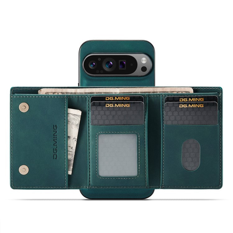 DG.MING M1 Series for Google Pixel 9 Pro XL Case Kickstand PU Phone Cover with Detachable Wallet - Green