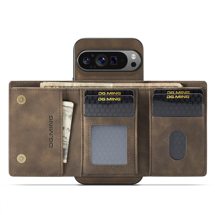 DG.MING M1 Series for Google Pixel 9 Pro XL Case Kickstand PU Phone Cover with Detachable Wallet - Coffee