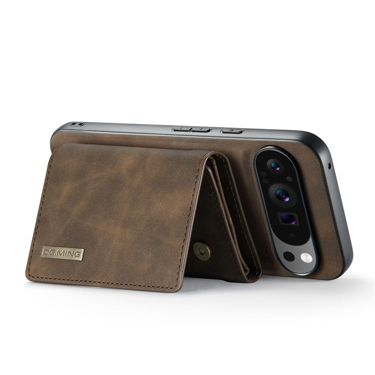 DG.MING M1 Series for Google Pixel 9 Pro XL Case Kickstand PU Phone Cover with Detachable Wallet - Coffee