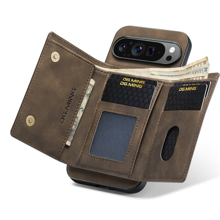 DG.MING M1 Series for Google Pixel 9 Pro XL Case Kickstand PU Phone Cover with Detachable Wallet - Coffee