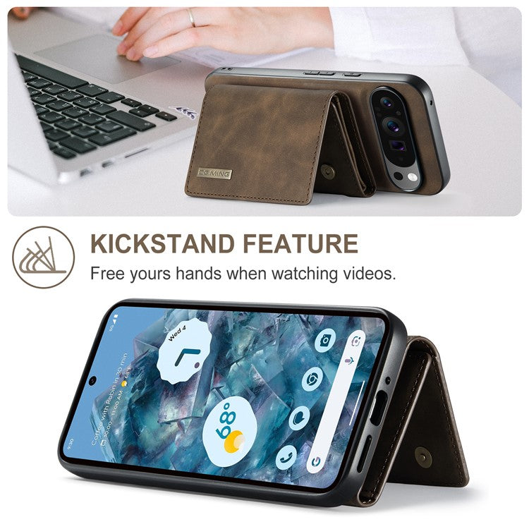 DG.MING M1 Series for Google Pixel 9 Pro XL Case Kickstand PU Phone Cover with Detachable Wallet - Coffee