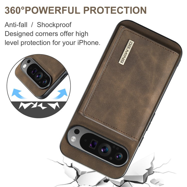 DG.MING M1 Series for Google Pixel 9 Pro XL Case Kickstand PU Phone Cover with Detachable Wallet - Coffee