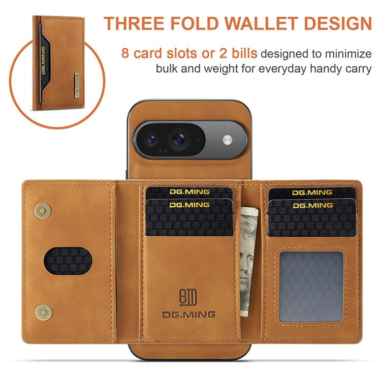 DG.MING M2 Series for Google Pixel 9 Pro / Pixel 9 Case PU+PC+TPU Phone Cover Detachable Wallet - Brown