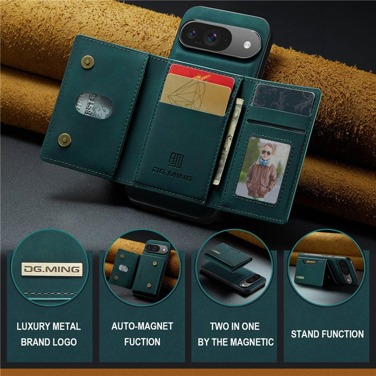 DG.MING M2 Series for Google Pixel 9 Pro / Pixel 9 Case PU+PC+TPU Phone Cover Detachable Wallet - Green
