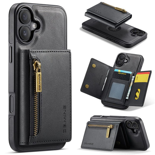 DG.MING M5 Series For iPhone 16 Case Detachable Magnetic Leather Phone Cover with Card Slots - Black
