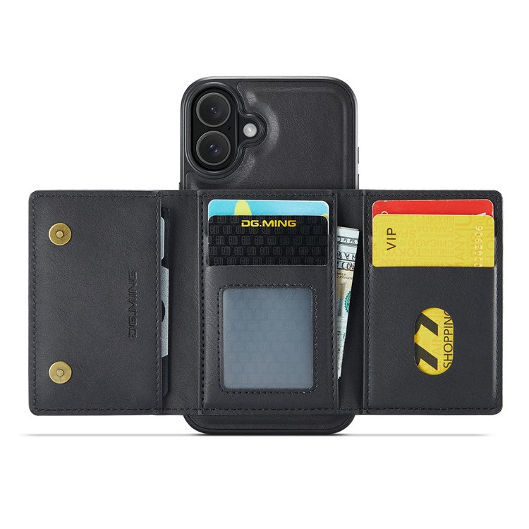 DG.MING M5 Series For iPhone 16 Case Detachable Magnetic Leather Phone Cover with Card Slots - Black