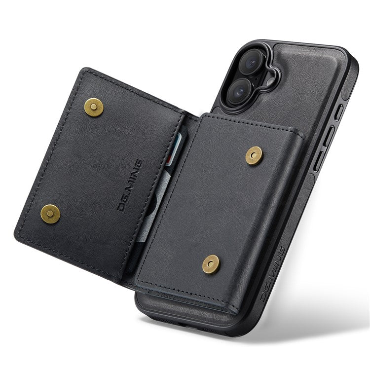 DG.MING M5 Series For iPhone 16 Case Detachable Magnetic Leather Phone Cover with Card Slots - Black