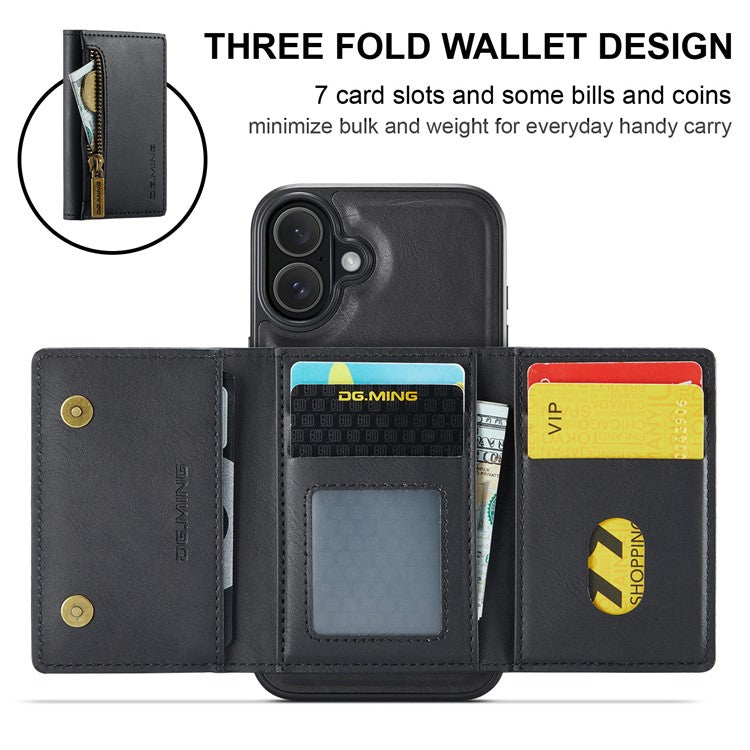 DG.MING M5 Series For iPhone 16 Case Detachable Magnetic Leather Phone Cover with Card Slots - Black