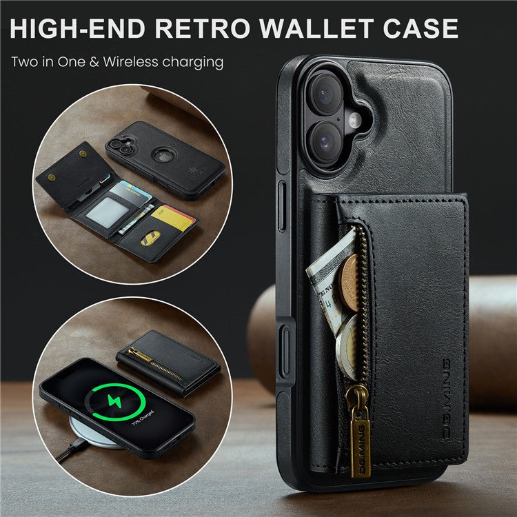 DG.MING M5 Series For iPhone 16 Case Detachable Magnetic Leather Phone Cover with Card Slots - Black