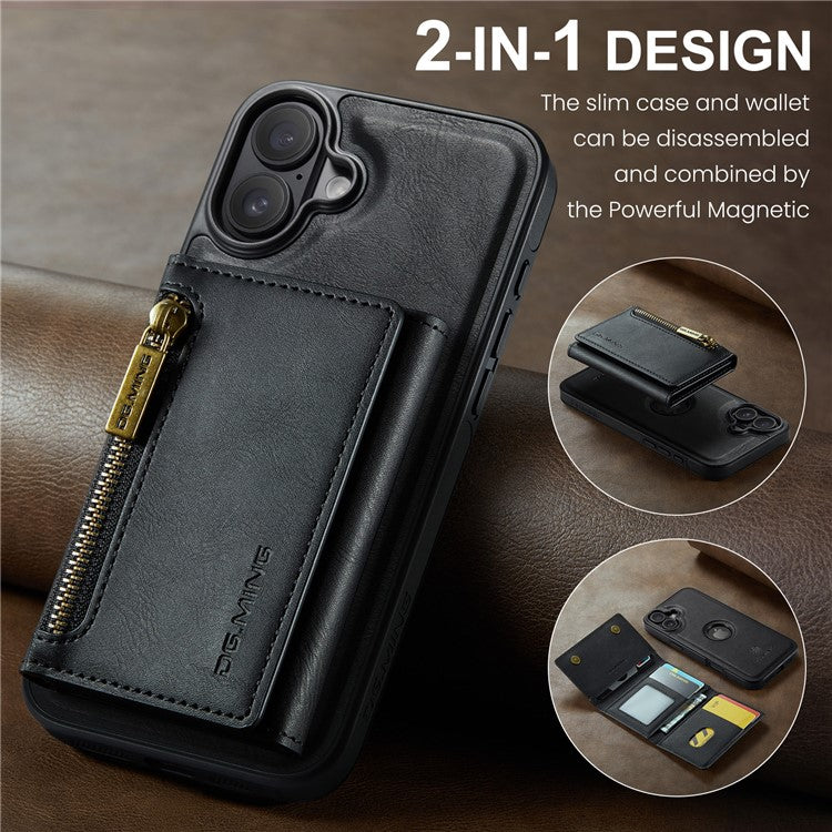 DG.MING M5 Series For iPhone 16 Case Detachable Magnetic Leather Phone Cover with Card Slots - Black